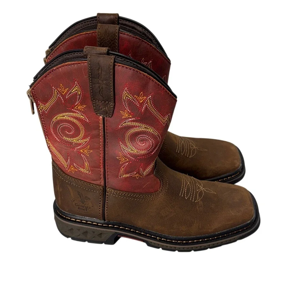 Georgia Kids‎ Red/ Brown Leather Carbo-Tec LT Pull-On Cowboy Boots Size 3M